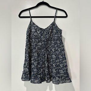 Express Womens Spaghetti Strap Ruffled Navy Blue White Floral Tank Top Size XS